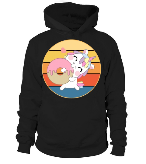 Cute Unicorn Eating Donut Vintage Retro Sunset Hoodie Unisex