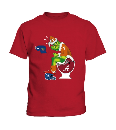 Grinch Santa Tennessee sitting on Alabama Crimson Tide toilet Kids T-Shirt