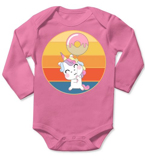 Cute Unicorn Eating Donut Vintage Retro Sunset Long Sleeve Baby One-Piece