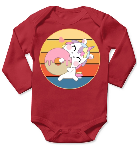 Cute Unicorn Eating Donut Vintage Retro Sunset Long Sleeve Baby One-Piece