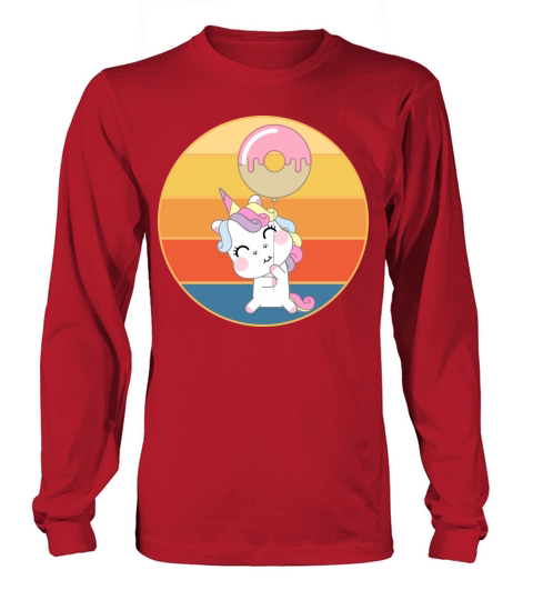 Cute Unicorn Eating Donut Vintage Retro Sunset Long sleeved Unisex