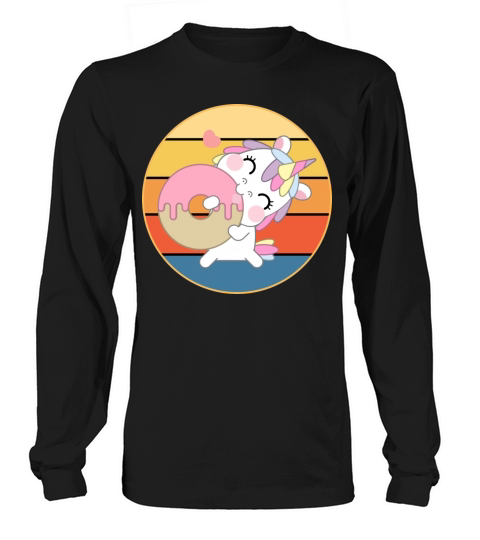 Cute Unicorn Eating Donut Vintage Retro Sunset Long sleeved Unisex
