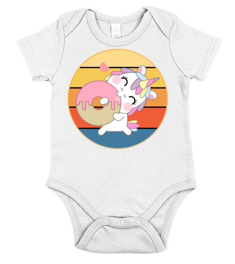 Cute Unicorn Eating Donut Vintage Retro Sunset Short Sleeve Baby One-Piece