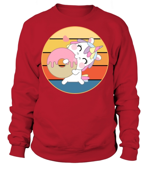 Cute Unicorn Eating Donut Vintage Retro Sunset Sweatshirt Unisex