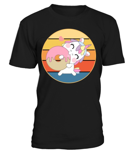 Cute Unicorn Eating Donut Vintage Retro Sunset T-Shirt Unisex