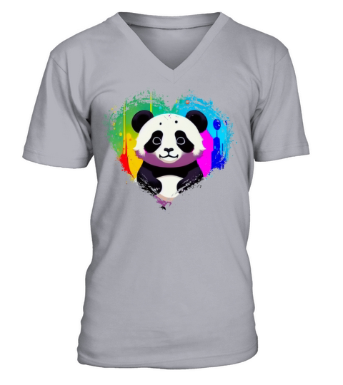 Cute Colorful Rainbow Panda Valentines Day Heart V-Neck T-shirt