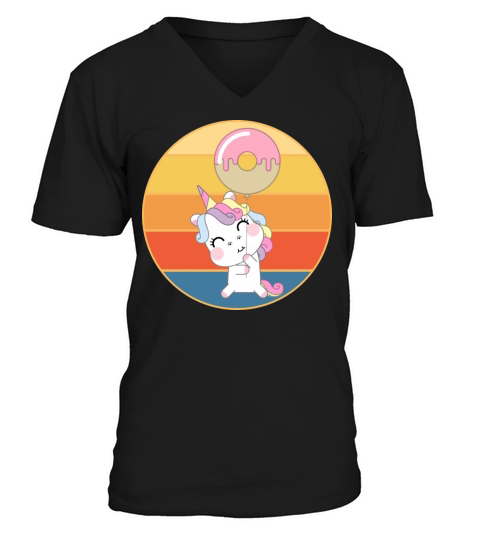 Cute Unicorn Eating Donut Vintage Retro Sunset V-Neck T-shirt