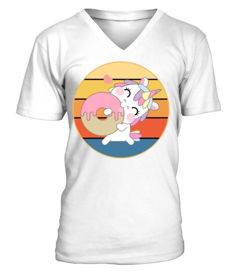 Cute Unicorn Eating Donut Vintage Retro Sunset V-Neck T-shirt