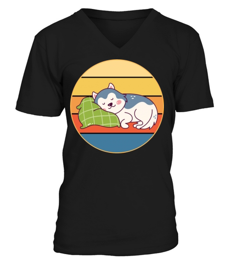 Funny Kawaii Cute Husky Dog Vintage Retro Sunset V-Neck T-shirt