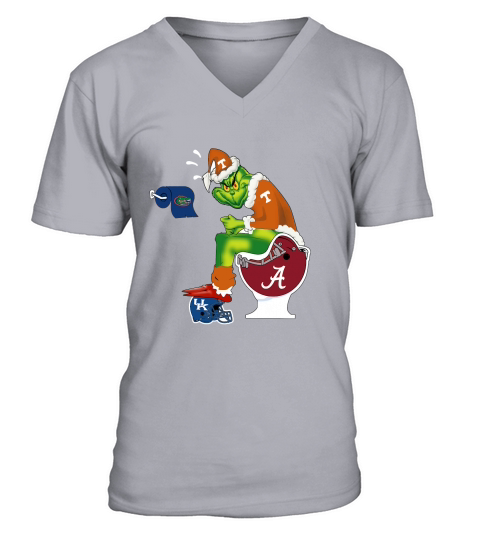 Grinch Santa Tennessee sitting on Alabama Crimson Tide toilet V-Neck T-shirt
