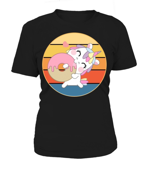 Cute Unicorn Eating Donut Vintage Retro Sunset Women's T-Shirt
