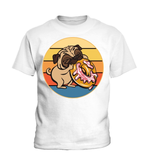 Cute Pug Eating Donut Vintage Retro Sunset Kawaii Kids T-Shirt