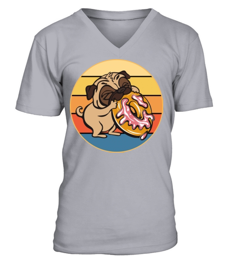 Cute Pug Eating Donut Vintage Retro Sunset Kawaii V-Neck T-shirt