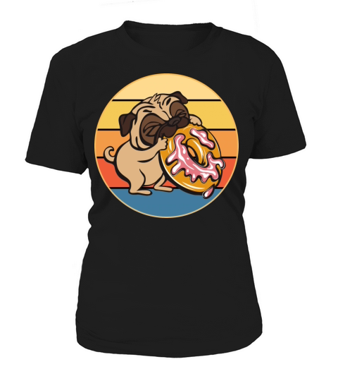 Cute Pug Eating Donut Vintage Retro Sunset Kawaii Women's T-Shirt