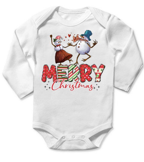 Merry Christmas Two Snowman Dance Long Sleeve Baby One-Piece