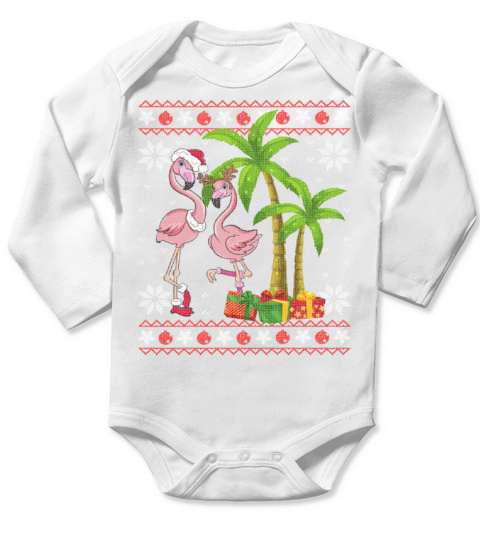 Pink Flamingo Christmas Palm Tree Matching Long Sleeve Baby One-Piece