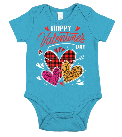 Happy Valentines Day Three Leopard And Plaid Heart Short Sleeve Baby One-Piece