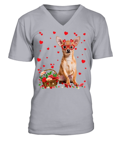 Chihuahua Valentines Day Dog Heart Flowers1890 V-Neck T-shirt