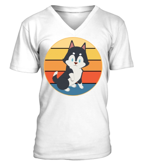 Funny Kawaii Cute Husky Dog Vintage Retro Sunset V-Neck T-shirt