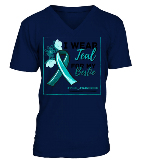 I Wear Teal For My Bestie PCOS Teal Ribbon V-Neck T-shirt