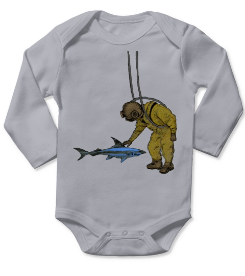 Vintage Diver with Diving Helmet and a Shark Urm Long Sleeve Baby One-Piece