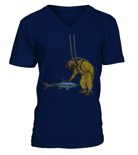 Vintage Diver with Diving Helmet and a Shark Urm V-Neck T-shirt
