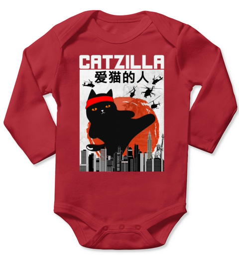 Funny Vintage Catzilla Japanese Retro Style Long Sleeve Baby One-Piece