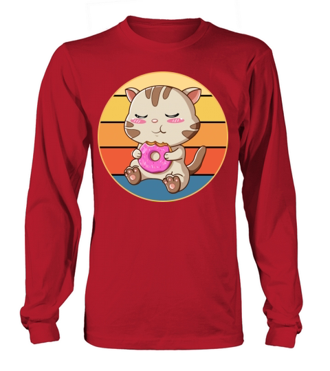 Cute Cat Eating Donut Vintage Retro Sunset Kawaii Long sleeved Unisex