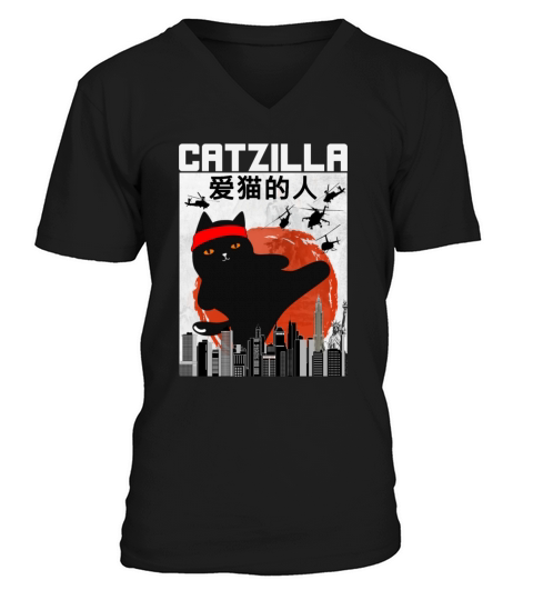 Funny Vintage Catzilla Japanese Retro Style V-Neck T-shirt