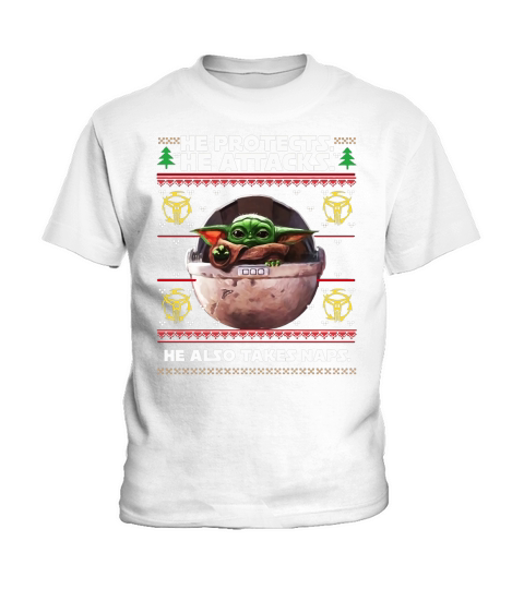 Baby Yoda he protects he attacks he also takes naps Christmas sweater Kids T-Shirt