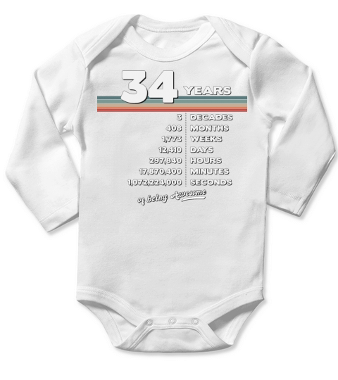 34th Birthday Vintage 34 Years Old Retro 408 Long Sleeve Baby One-Piece