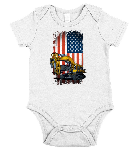 Funny Excavator Heavy Machinery US Flag Short Sleeve Baby One-Piece