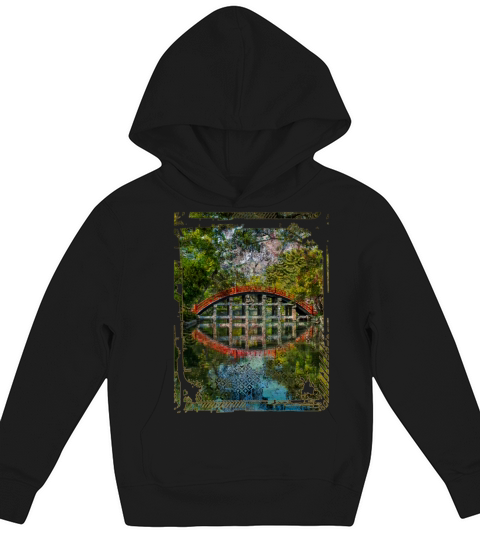 Japanese Garden Red Bridge Water Trees Collage Kids Hoodie