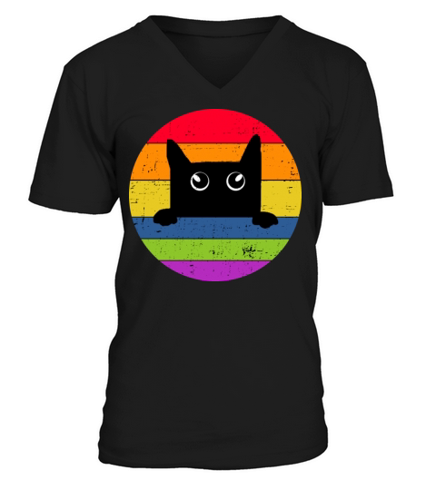 Funny Black Cat Vintage Colorful Retro Design V-Neck T-shirt