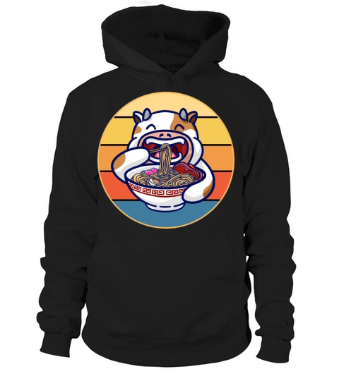 Cute Cow Eating Ramen Vintage Retro Sunset Kawaii Hoodie Unisex