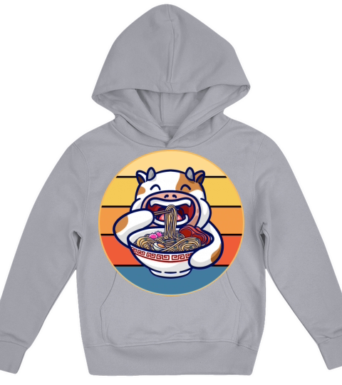 Cute Cow Eating Ramen Vintage Retro Sunset Kawaii Kids Hoodie