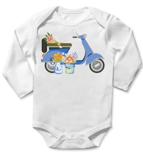Blue Retro Scooter With Yellow Tulips Art Long Sleeve Baby One-Piece