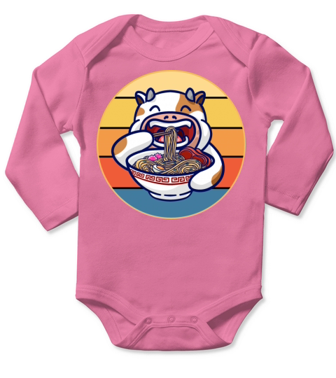 Cute Cow Eating Ramen Vintage Retro Sunset Kawaii Long Sleeve Baby One-Piece