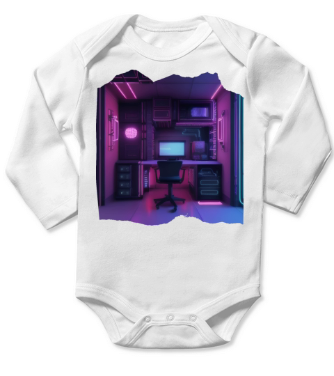 Neon Gamer Room Isometric Print - Pop Colors Long Sleeve Baby One-Piece