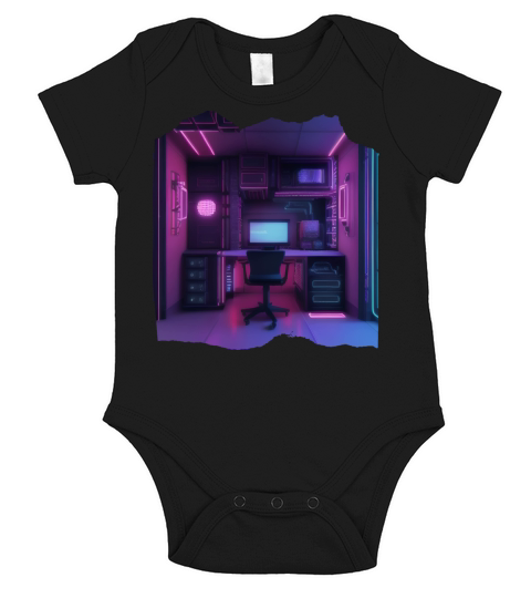 Neon Gamer Room Isometric Print - Pop Colors Short Sleeve Baby One-Piece