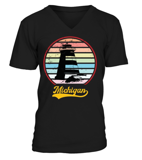 Retro Michigan Vintage Lighthouse MI State Pride V-Neck T-shirt