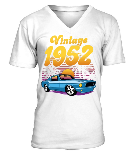 Retro Sunset With Car Vintage 70th Birthday V-Neck T-shirt