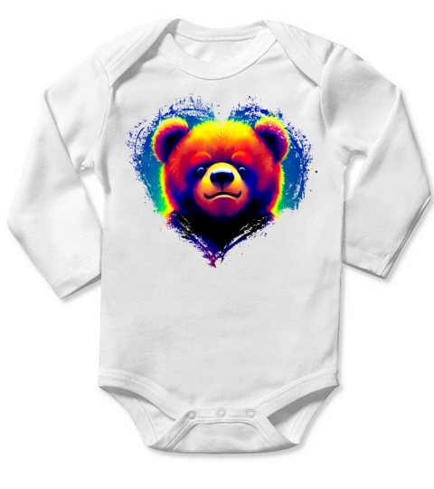 Cute Colorful Rainbow Bear Valentines Day Heart Long Sleeve Baby One-Piece