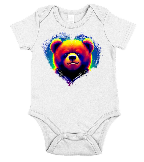 Cute Colorful Rainbow Bear Valentines Day Heart Short Sleeve Baby One-Piece