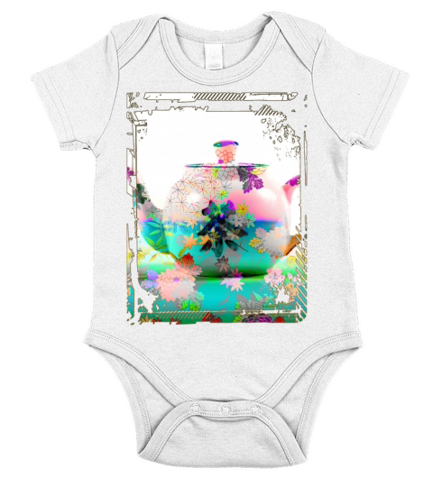 Japan Tea Pot Floral Pattern Chrysanthemum Cherry Short Sleeve Baby One-Piece