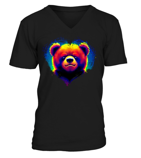 Cute Colorful Rainbow Bear Valentines Day Heart V-Neck T-shirt