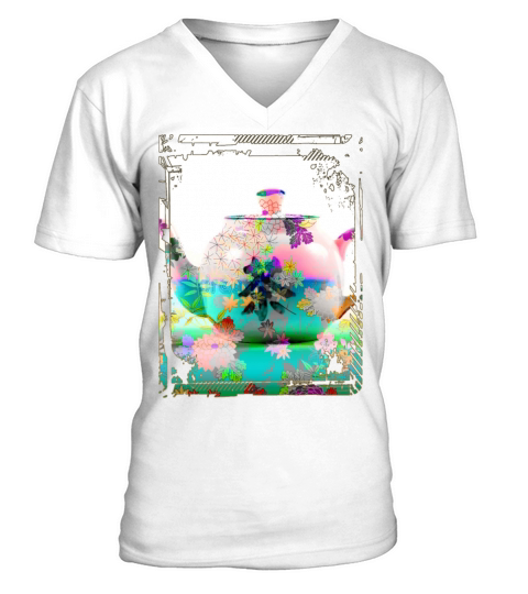 Japan Tea Pot Floral Pattern Chrysanthemum Cherry V-Neck T-shirt