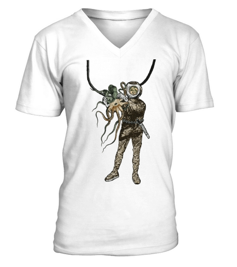 Vintage Helmet Diver Holding an Octopus Underwater V-Neck T-shirt