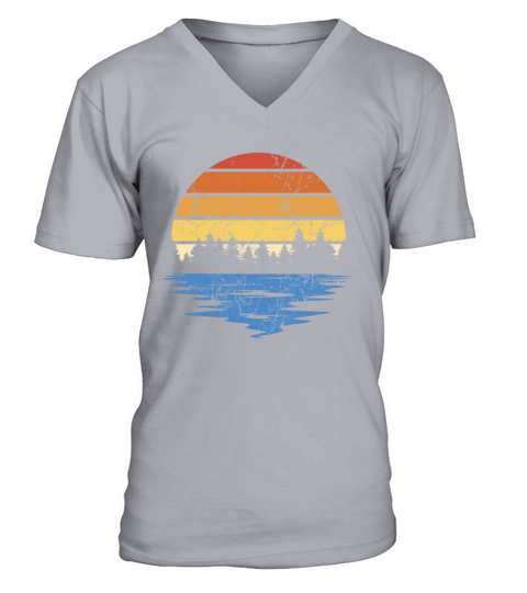 RETRO FOREST WITH LAKE IN SUNSET VINTAGE V-Neck T-shirt