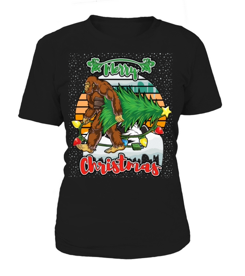 Sunset Bigfoot Christmas Tree Lights Xmas Women's T-Shirt
